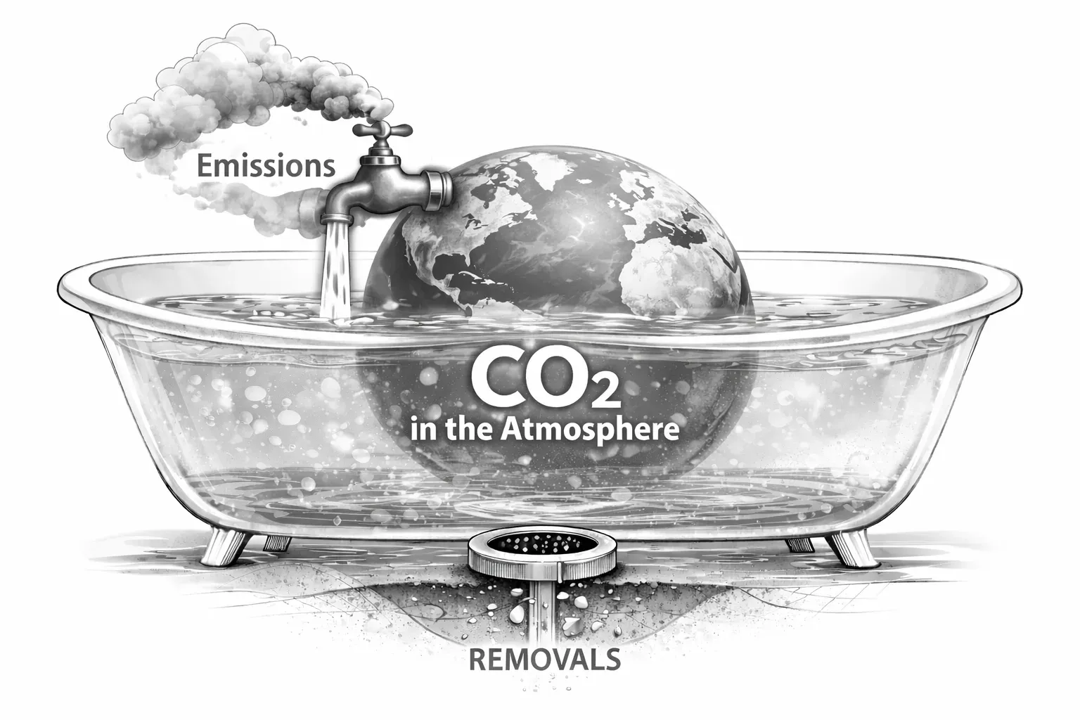 The atmosphere drawn as a bathtub: emissions pour in from a tap while removals drain out through the plughole, and the water level stands for the CO2 already in the air.