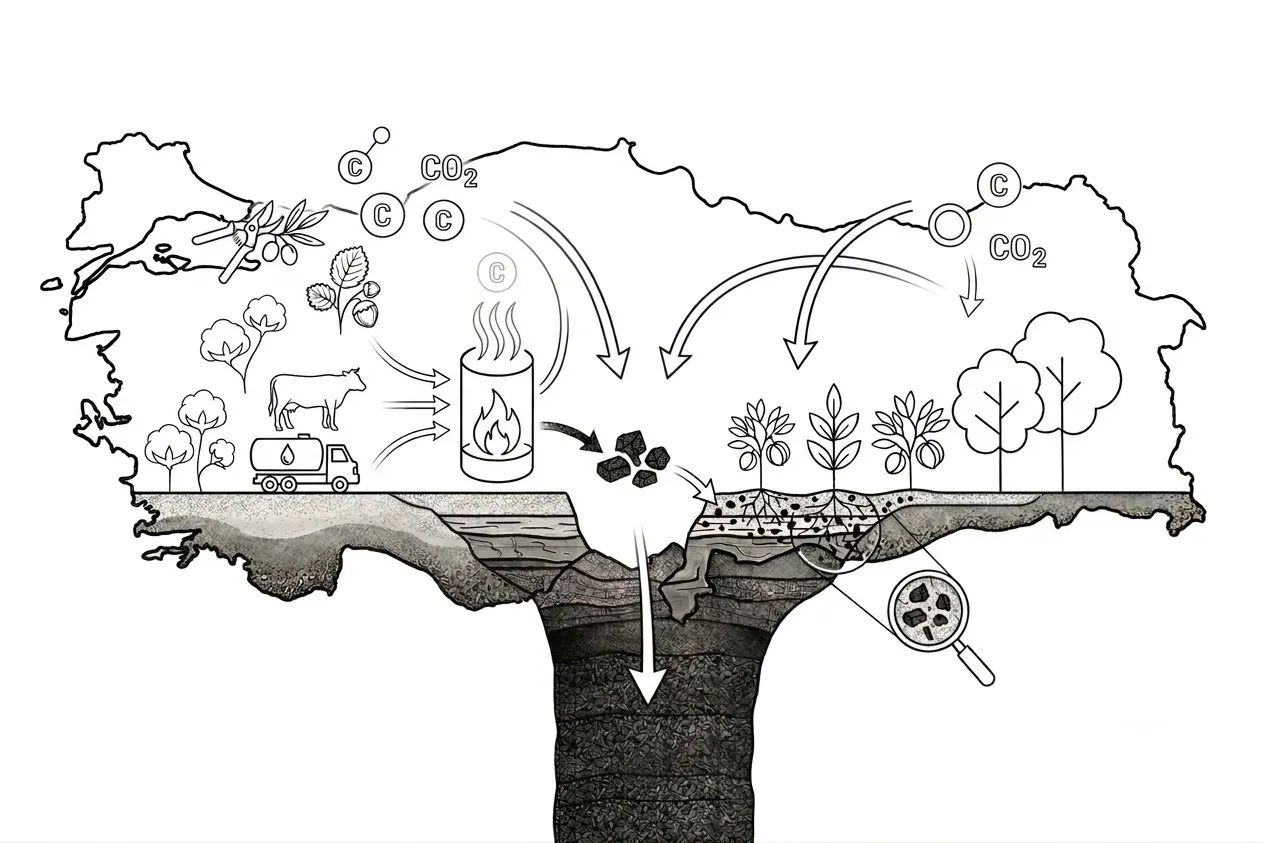 Türkiye in outline: olive, hazelnut and cotton residues and livestock manure feed a pyrolysis unit; the biochar goes into orchard and field soil, and a cross-section shows carbon held underground.