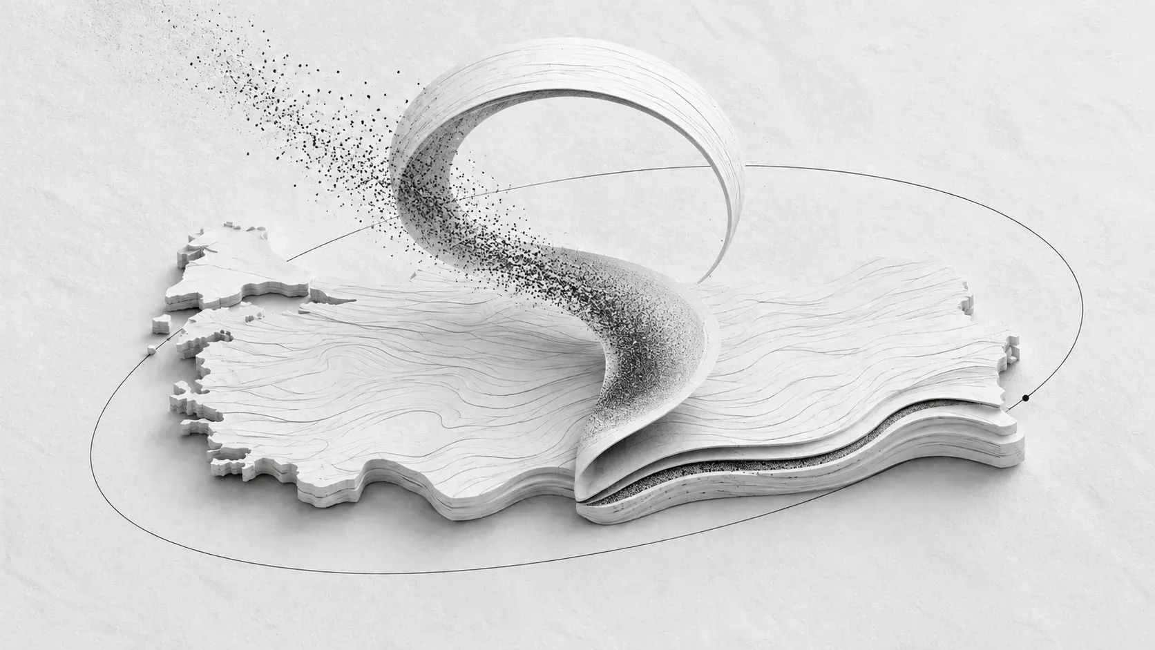Türkiye modelled as a layered white relief map; a ribbon of dark particles lifts off the surface, loops above it and returns into a layer beneath the ground, with an orbit line circling the country.