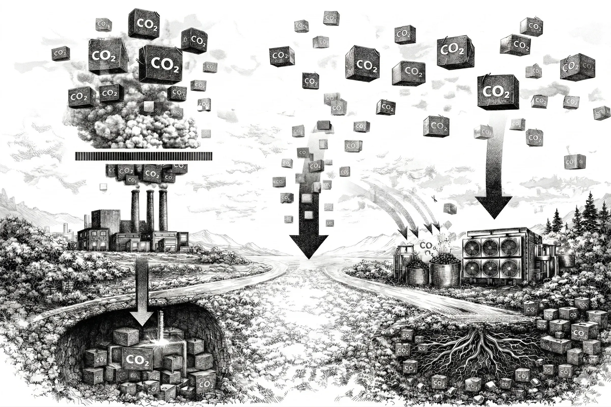 Two paths drawn side by side: on the left an industrial plant sends captured CO2 into geological storage; on the right a direct air capture unit and biochar take CO2 out of the open air and into soil.