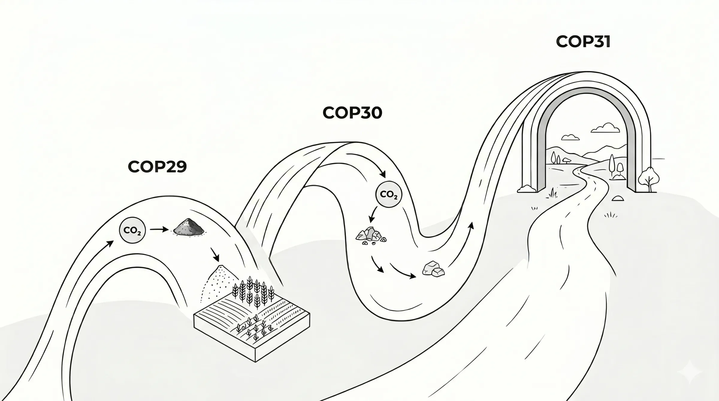 A road drawn as a curve through three stations, COP29, COP30 and COP31, with CO2 turning into biochar and mineral piles along the way and an arch marking the last stop.