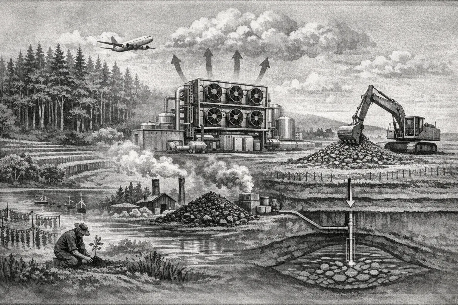 Engraved illustration placing removal pathways side by side: a direct air capture plant, crushed rock spread by an excavator, tree planting, a seaweed farm and an injection well leading to underground storage.