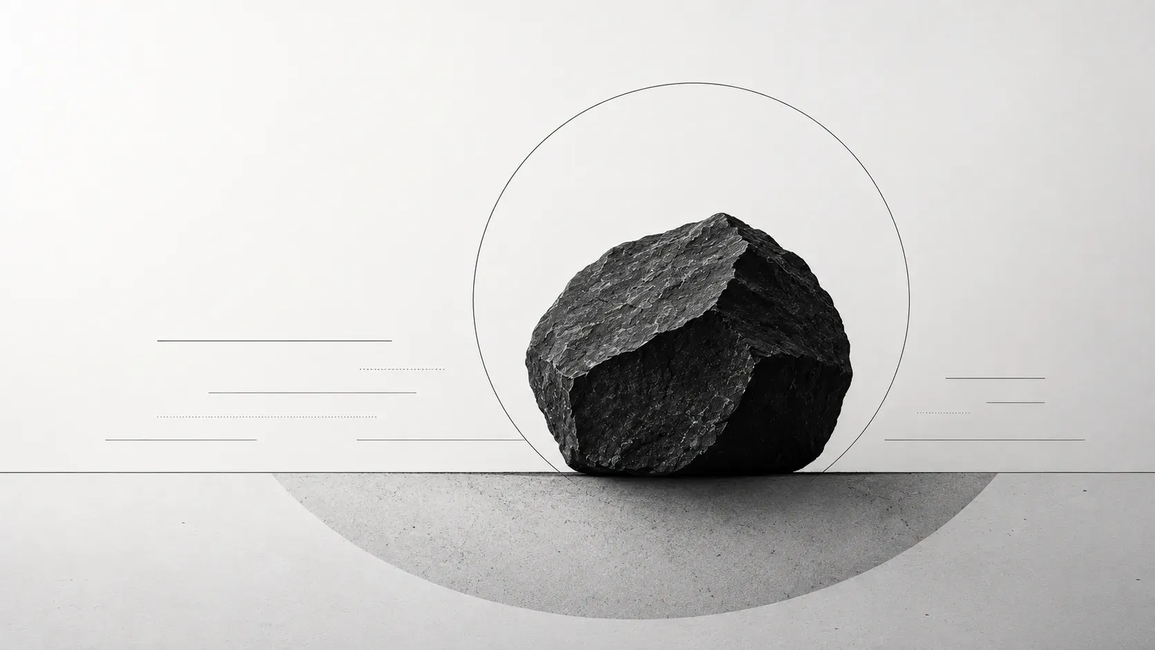 A dark, rough stone rests on a horizon line inside a thin circle, pressing a shaded half disc into the ground beneath it.