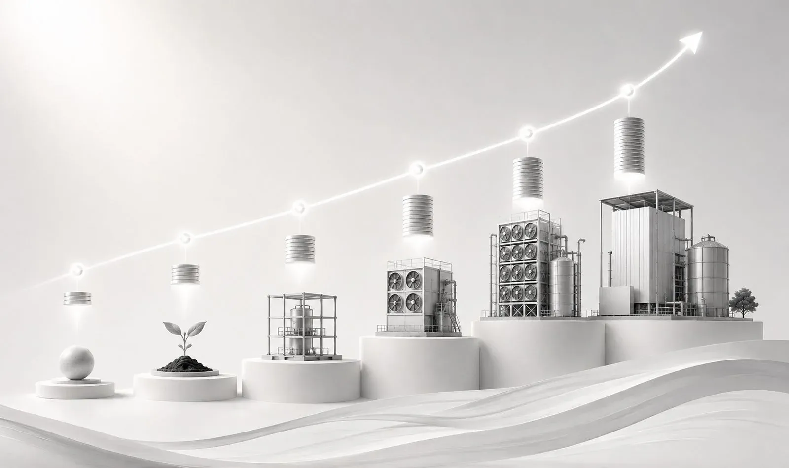Rising pedestals from a seed and a seedling to a pilot rig, a direct air capture unit and a full industrial plant, with a line climbing across them.