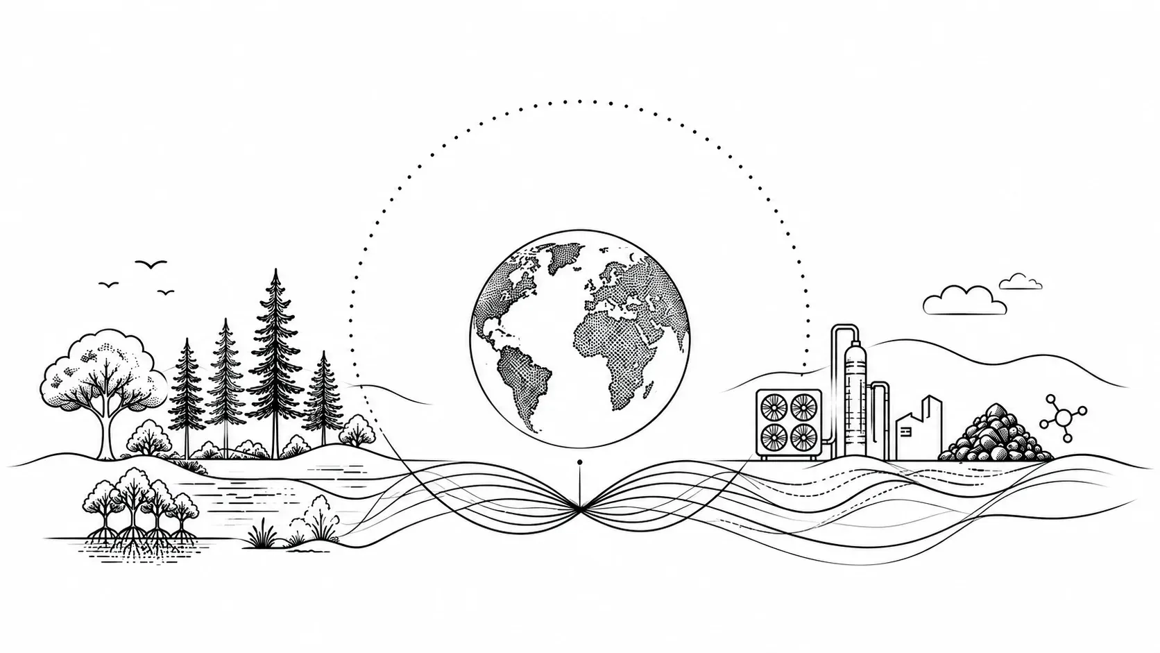 A line drawing with forest, mangrove and wetland on the left, a globe in the centre, and a direct air capture unit with mineral piles on the right, joined by a single continuous line.