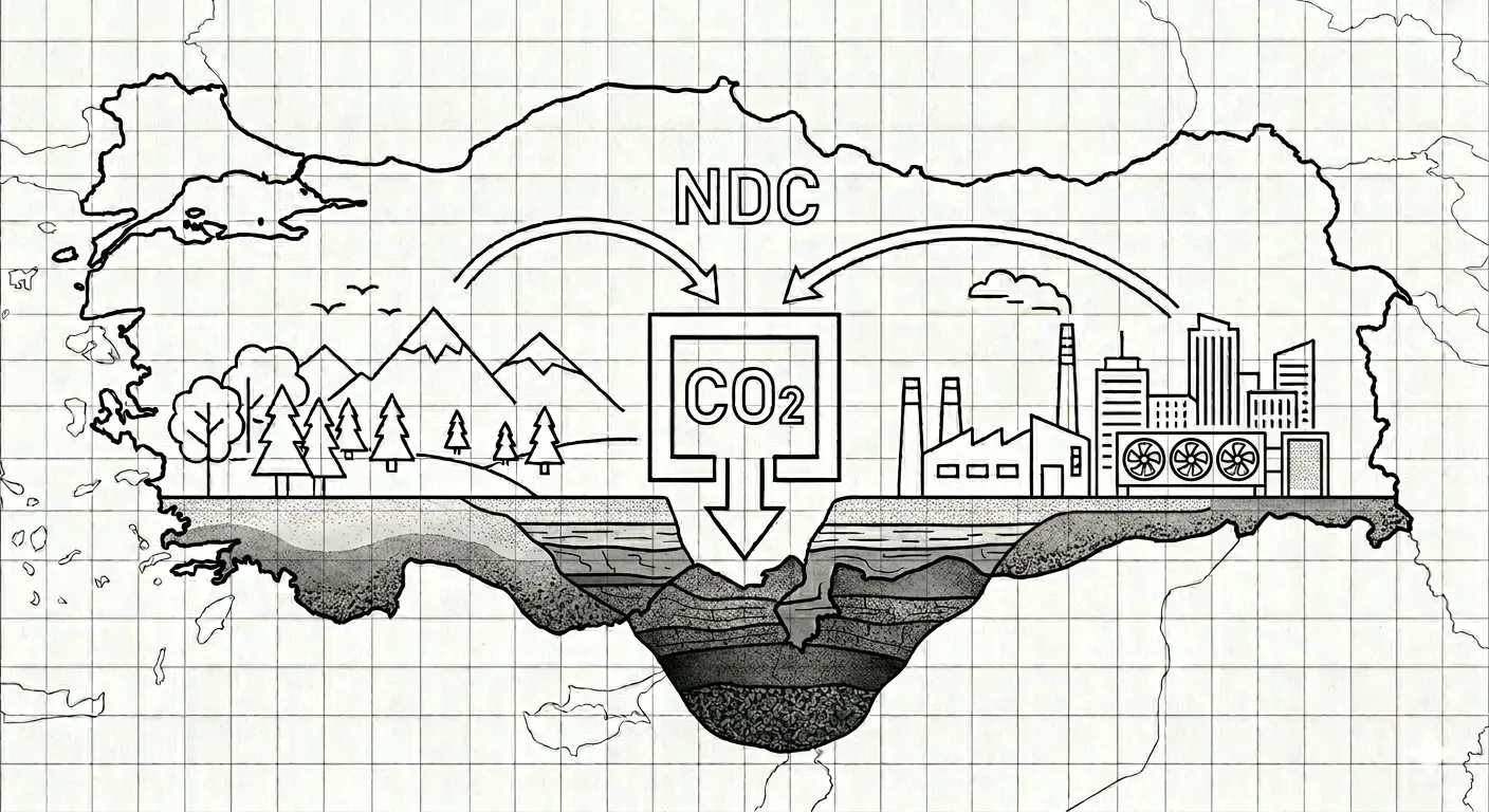 Türkiye drawn on graph paper: arrows from forest and from industry meet at a CO2 box under the label NDC, and a single arrow carries it down into geological storage.