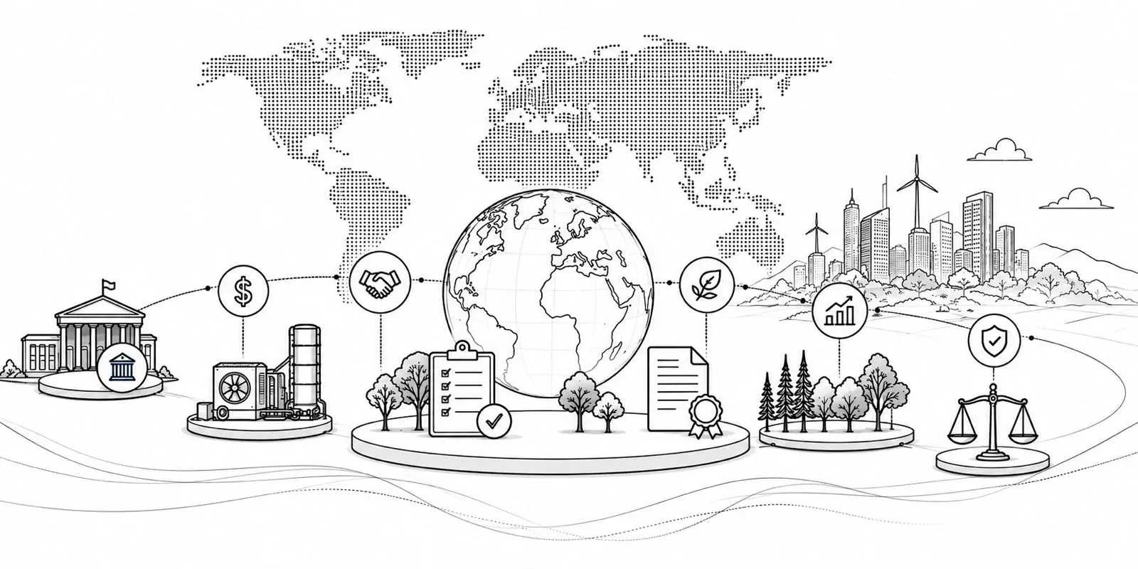 A dotted world map with a parliament building, an industrial capture unit, a certificate, forest and scales of justice arranged along a single line around a globe.