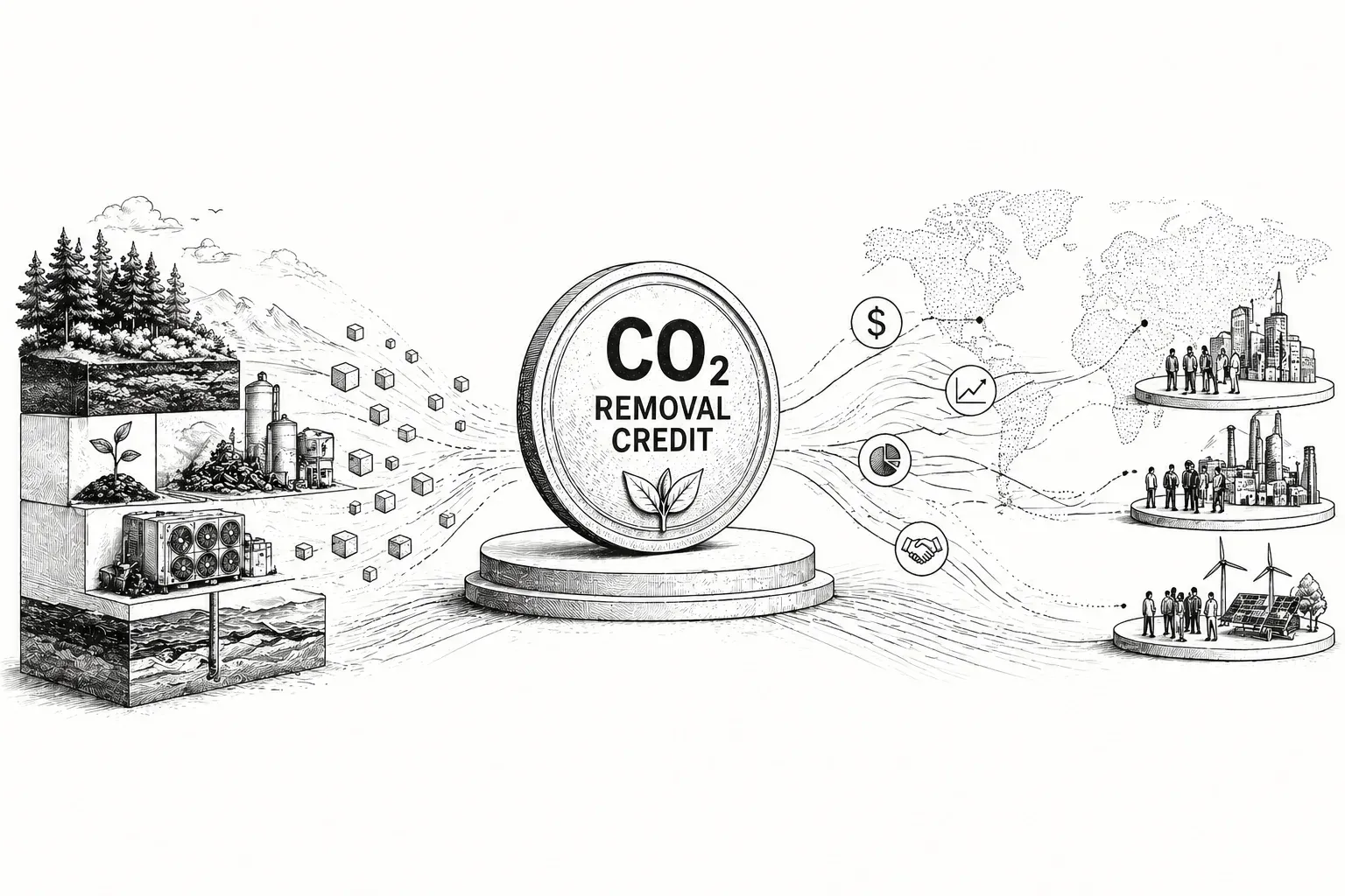 A carbon removal credit drawn as a coin: removal pathways feed it from the left, and buyers across finance, industry and energy draw on it from the right.