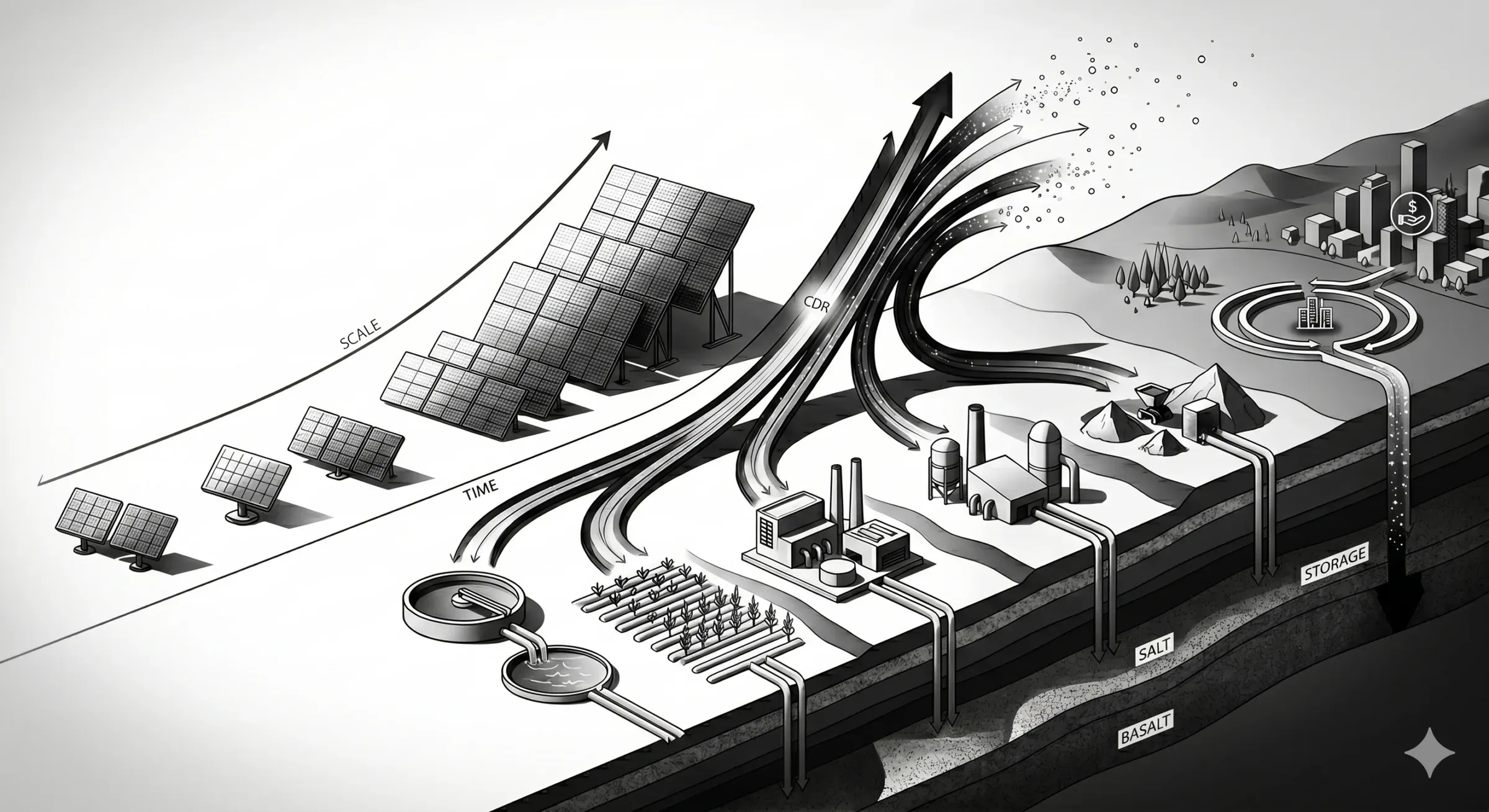 Solar panels rising along a scale-and-time axis, with carbon removal pathways branching off the same curve and running down into basalt and salt formation storage.